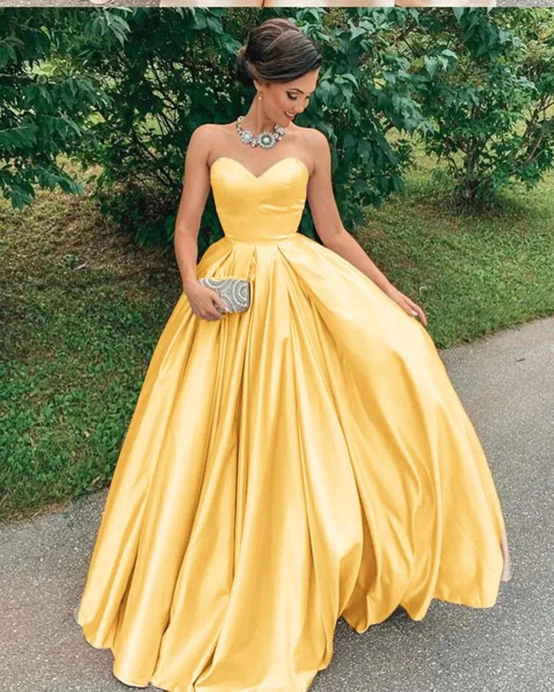 A Line Yellow Satin Prom Dresses, Strapless Sweetheart Sleeveless Party Dresses SWK15046