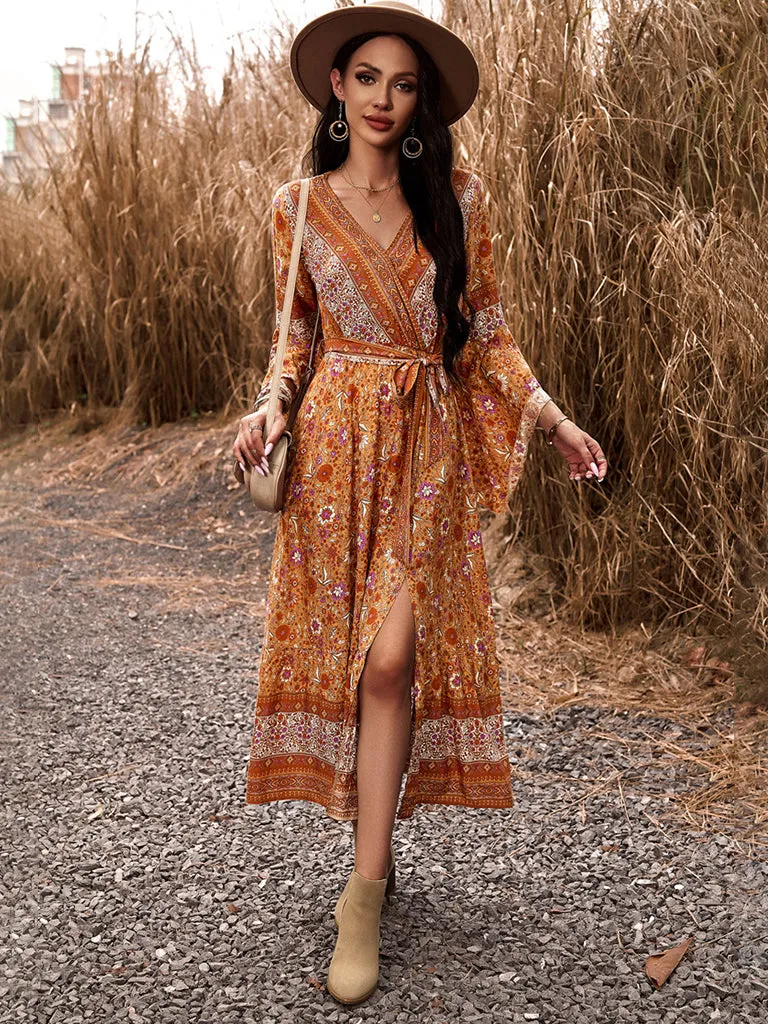 Autumn Floral Faux Wrap Bell Sleeve Waist Tie Midi Dress