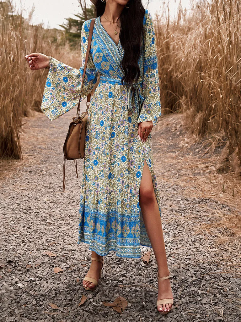 Autumn Floral Faux Wrap Bell Sleeve Waist Tie Midi Dress