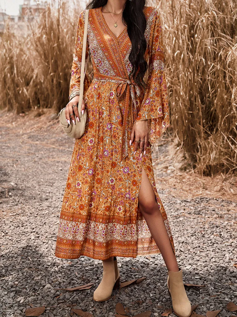 Autumn Floral Faux Wrap Bell Sleeve Waist Tie Midi Dress