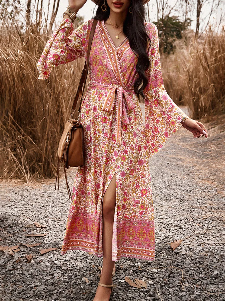 Autumn Floral Faux Wrap Bell Sleeve Waist Tie Midi Dress