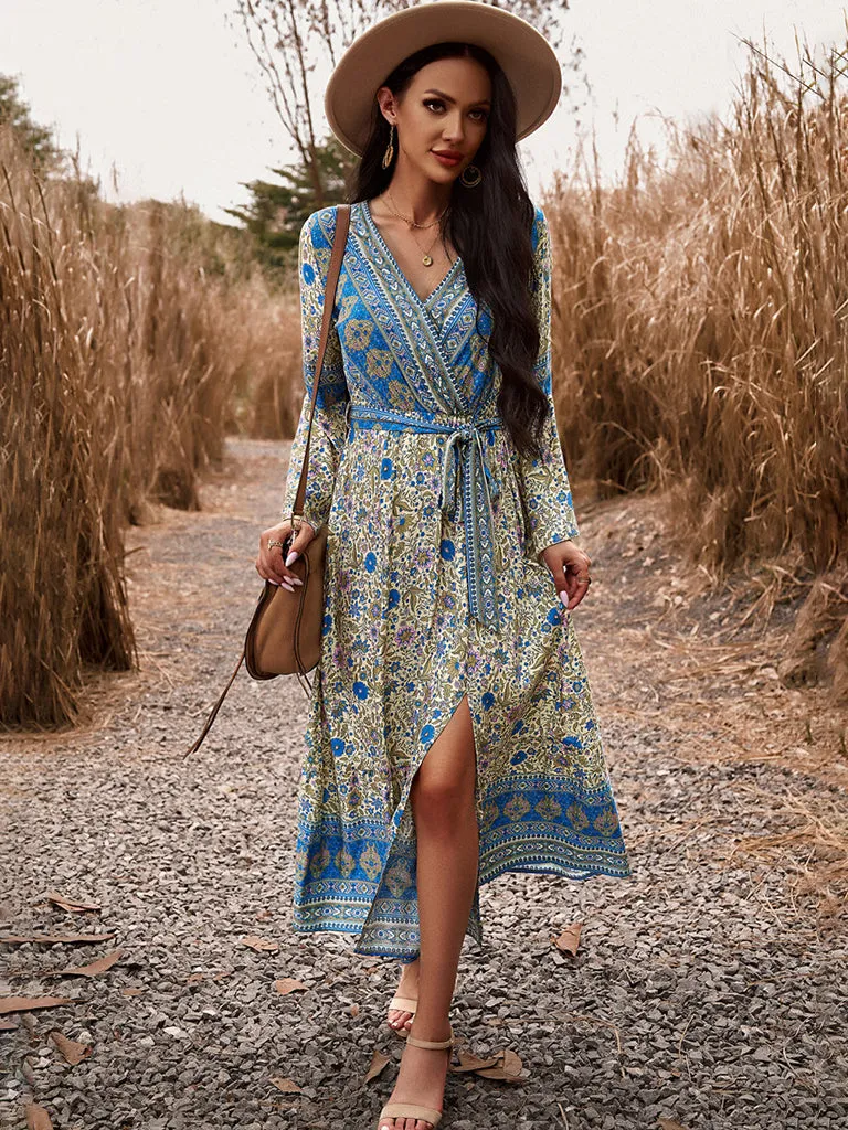Autumn Floral Faux Wrap Bell Sleeve Waist Tie Midi Dress