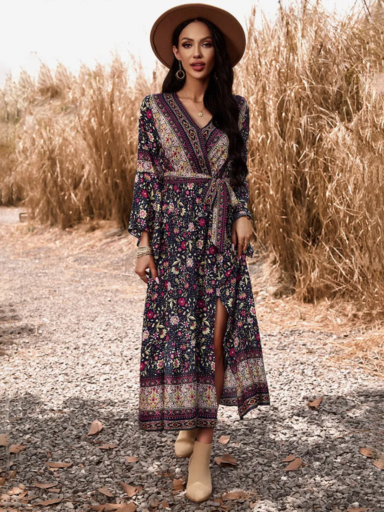 Autumn Floral Faux Wrap Bell Sleeve Waist Tie Midi Dress