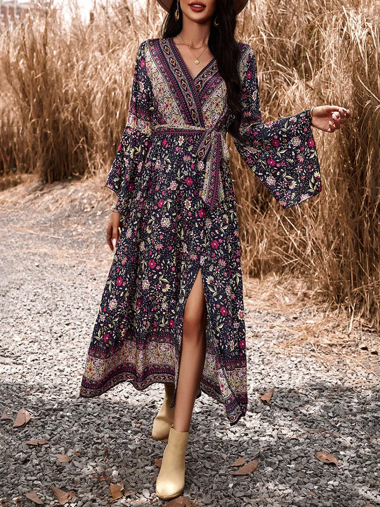 Autumn Floral Faux Wrap Bell Sleeve Waist Tie Midi Dress