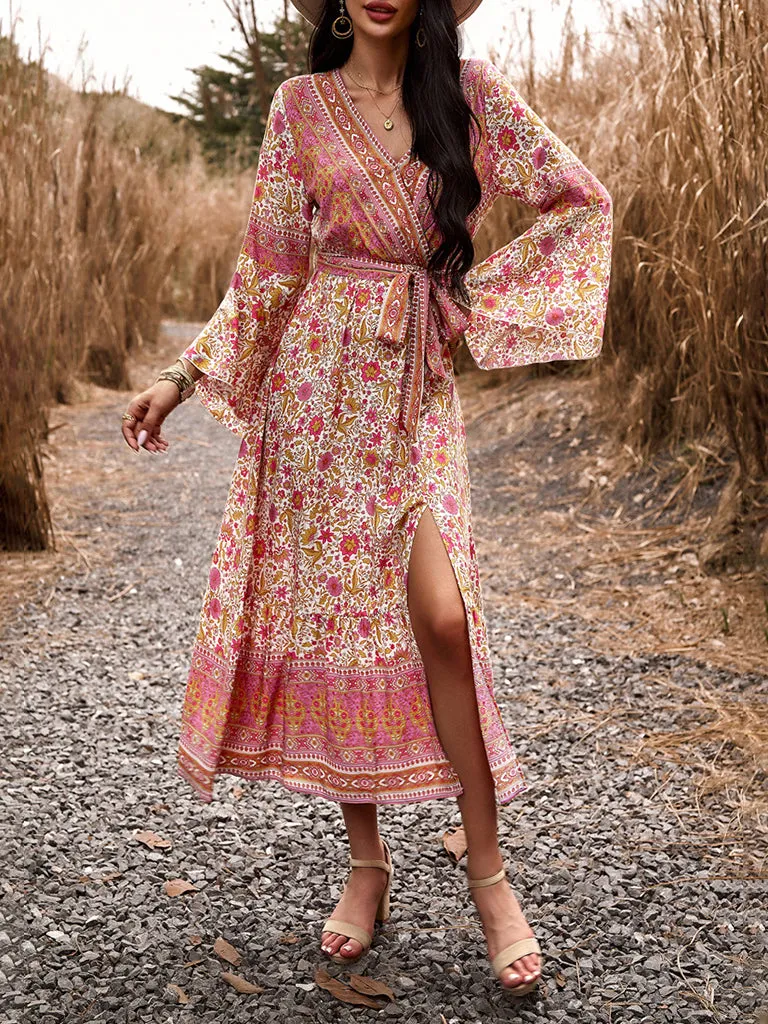 Autumn Floral Faux Wrap Bell Sleeve Waist Tie Midi Dress