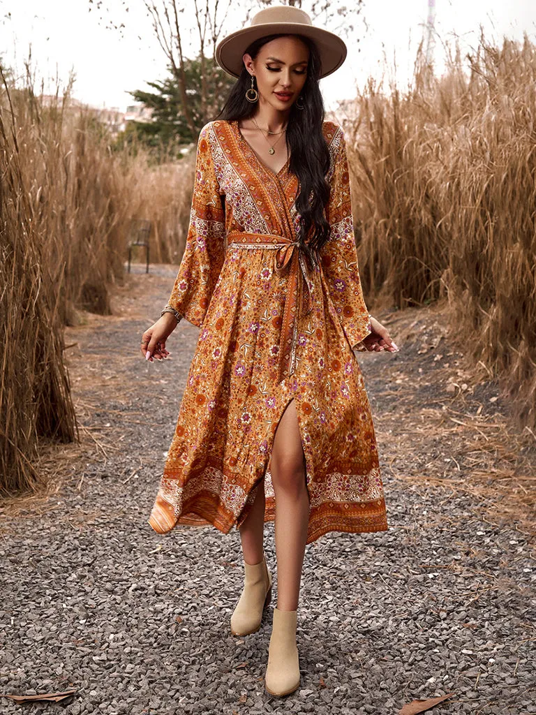 Autumn Floral Faux Wrap Bell Sleeve Waist Tie Midi Dress