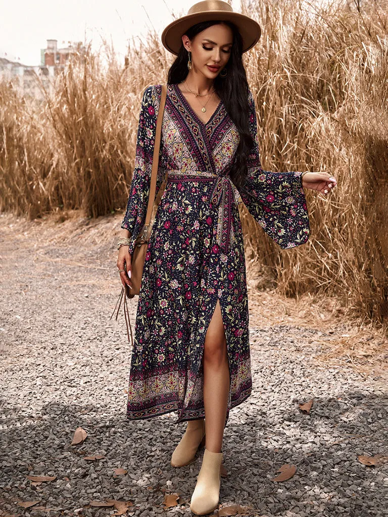 Autumn Floral Faux Wrap Bell Sleeve Waist Tie Midi Dress
