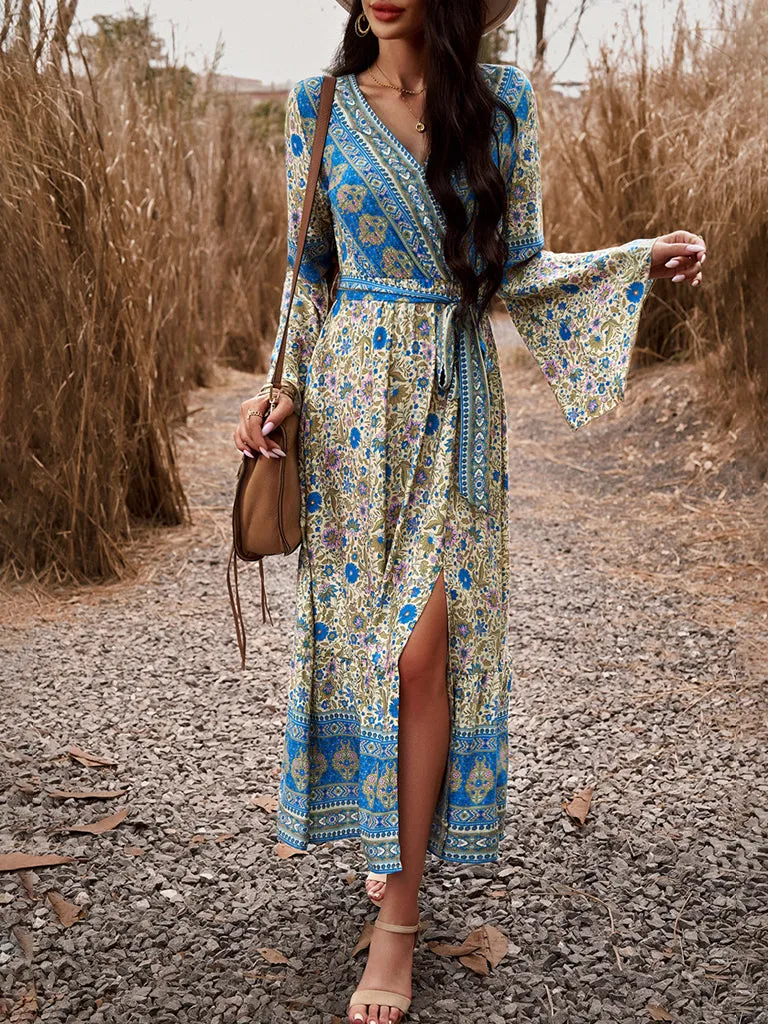 Autumn Floral Faux Wrap Bell Sleeve Waist Tie Midi Dress