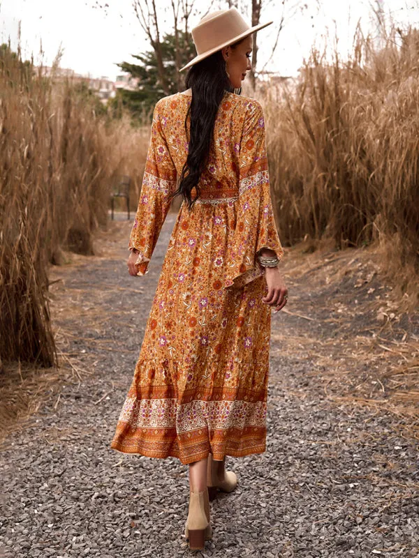 Autumn Floral Faux Wrap Bell Sleeve Waist Tie Midi Dress