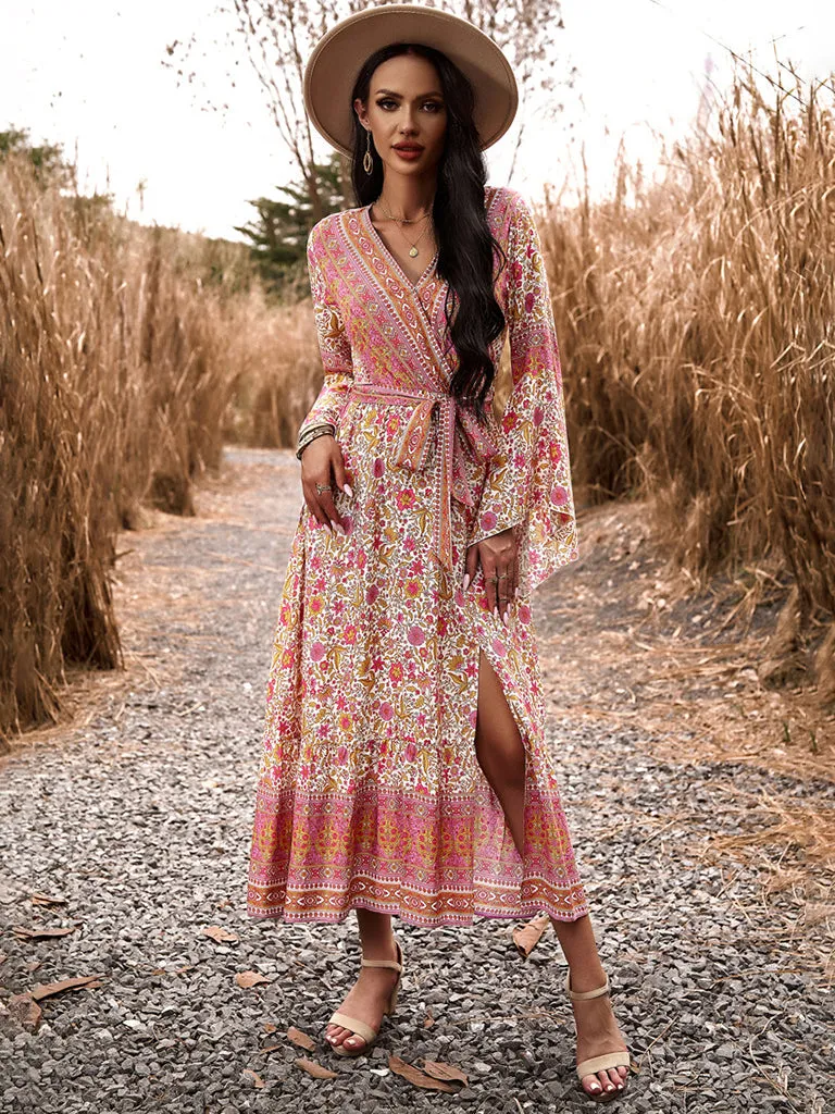 Autumn Floral Faux Wrap Bell Sleeve Waist Tie Midi Dress