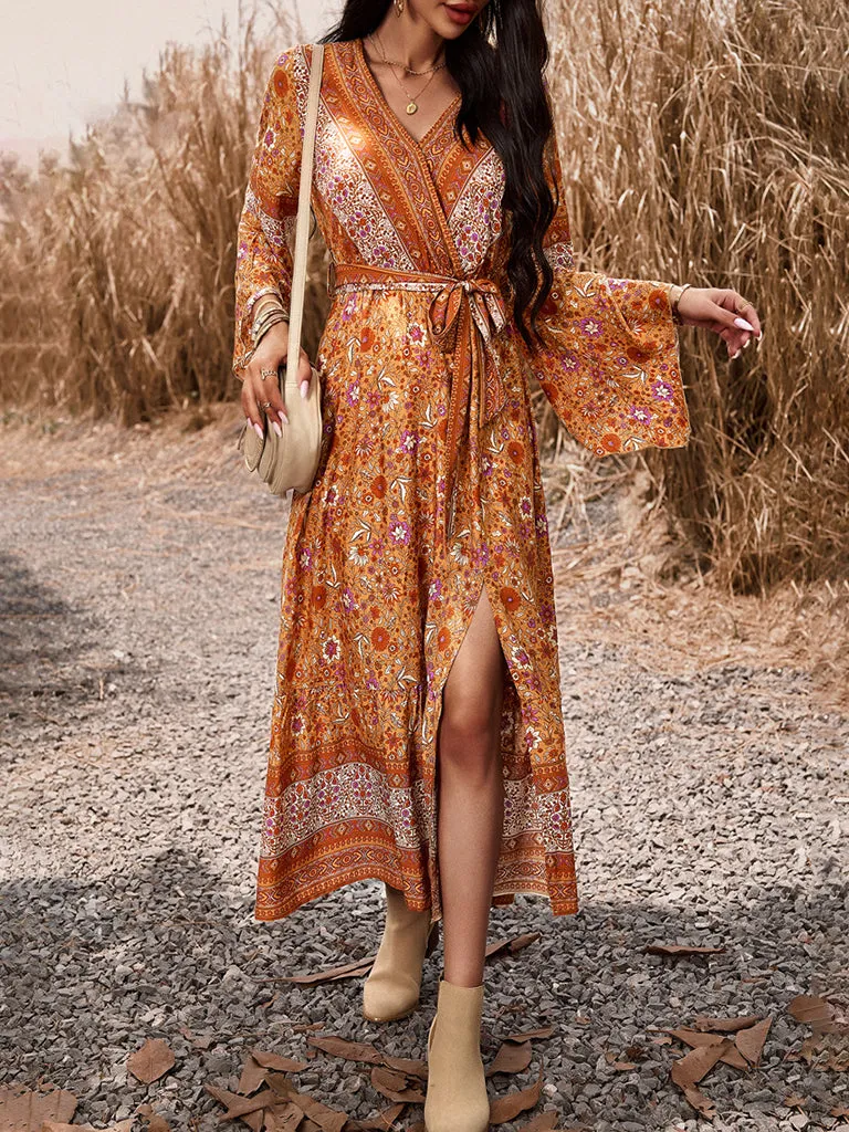 Autumn Floral Faux Wrap Bell Sleeve Waist Tie Midi Dress