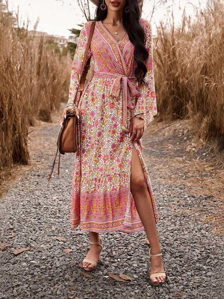 Autumn Floral Faux Wrap Bell Sleeve Waist Tie Midi Dress