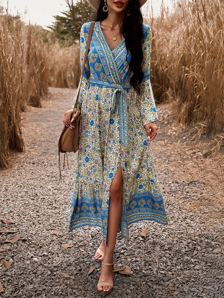 Autumn Floral Faux Wrap Bell Sleeve Waist Tie Midi Dress