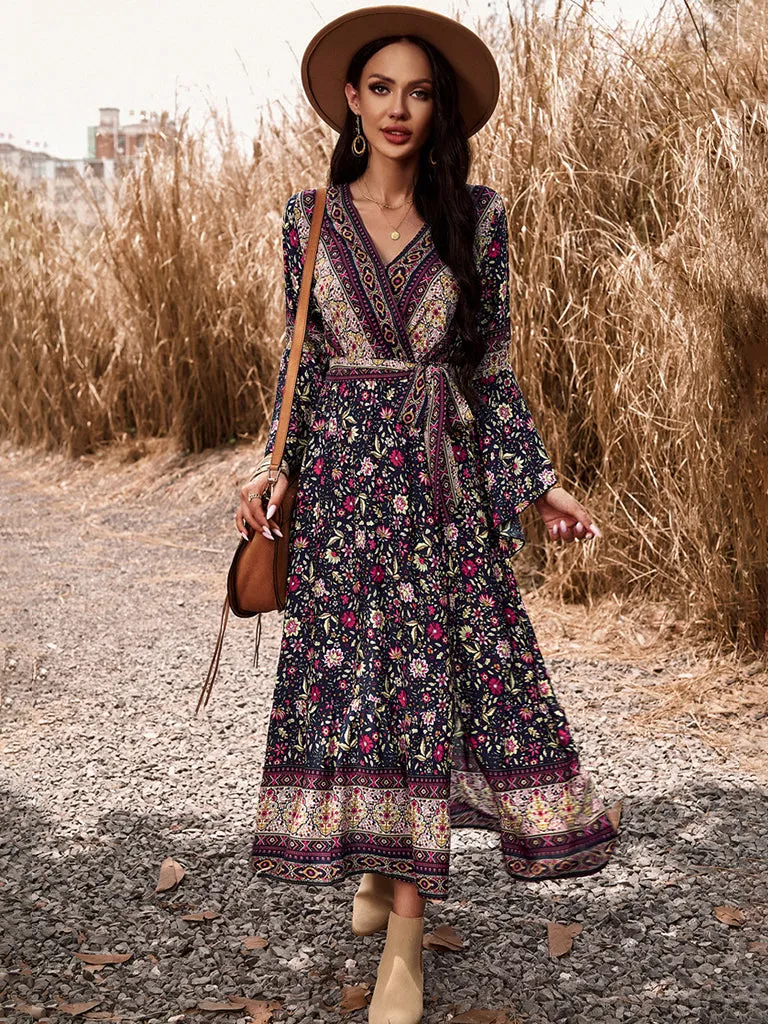 Autumn Floral Faux Wrap Bell Sleeve Waist Tie Midi Dress