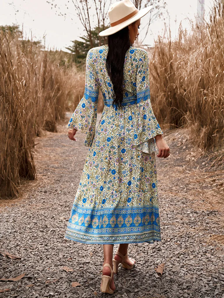 Autumn Floral Faux Wrap Bell Sleeve Waist Tie Midi Dress