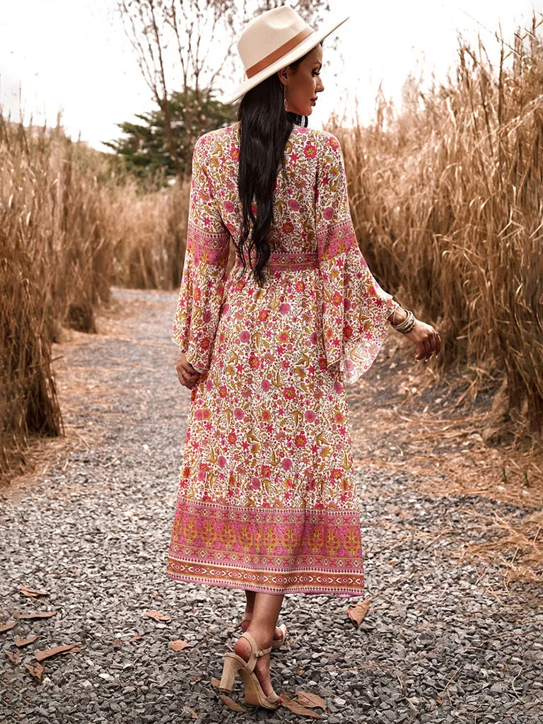 Autumn Floral Faux Wrap Bell Sleeve Waist Tie Midi Dress