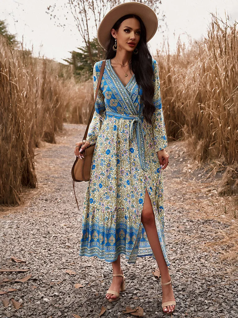 Autumn Floral Faux Wrap Bell Sleeve Waist Tie Midi Dress