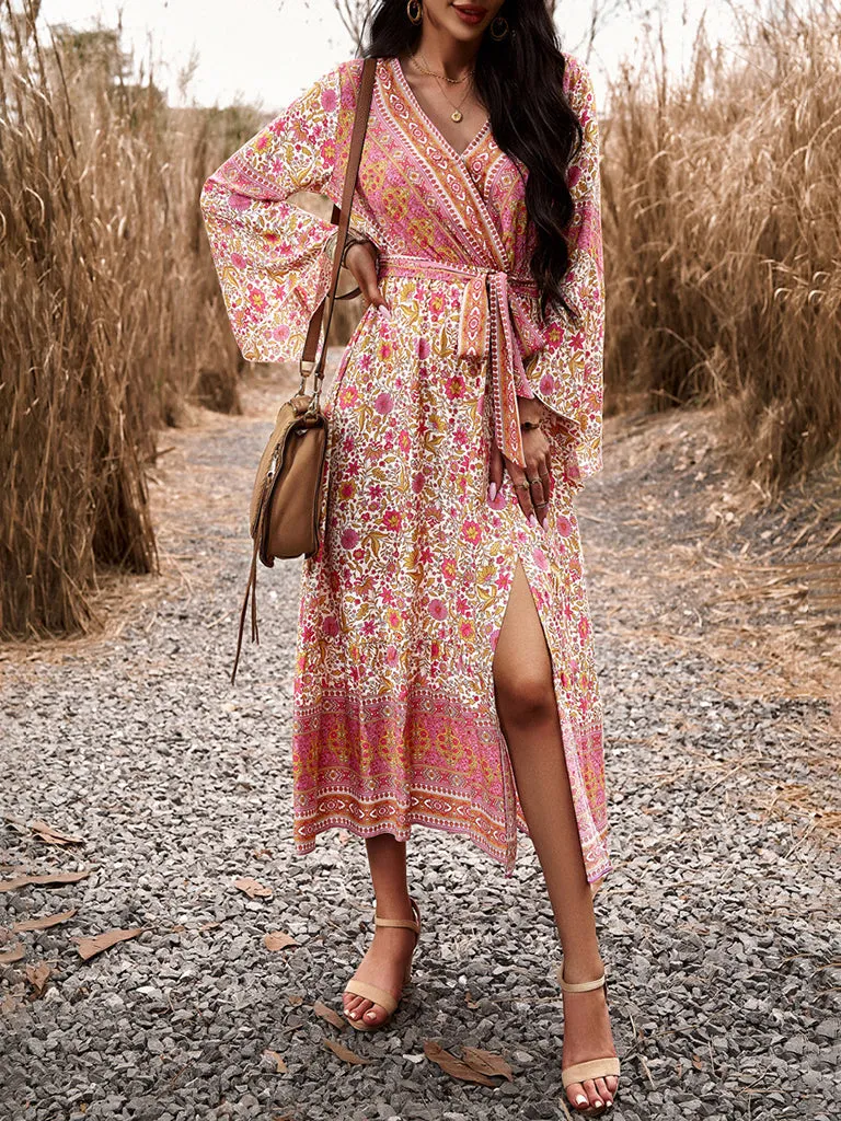 Autumn Floral Faux Wrap Bell Sleeve Waist Tie Midi Dress