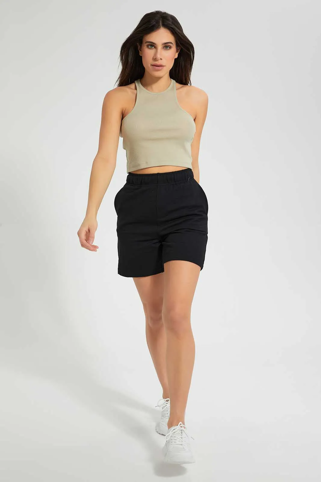 Beige Ribbed Crop Vest