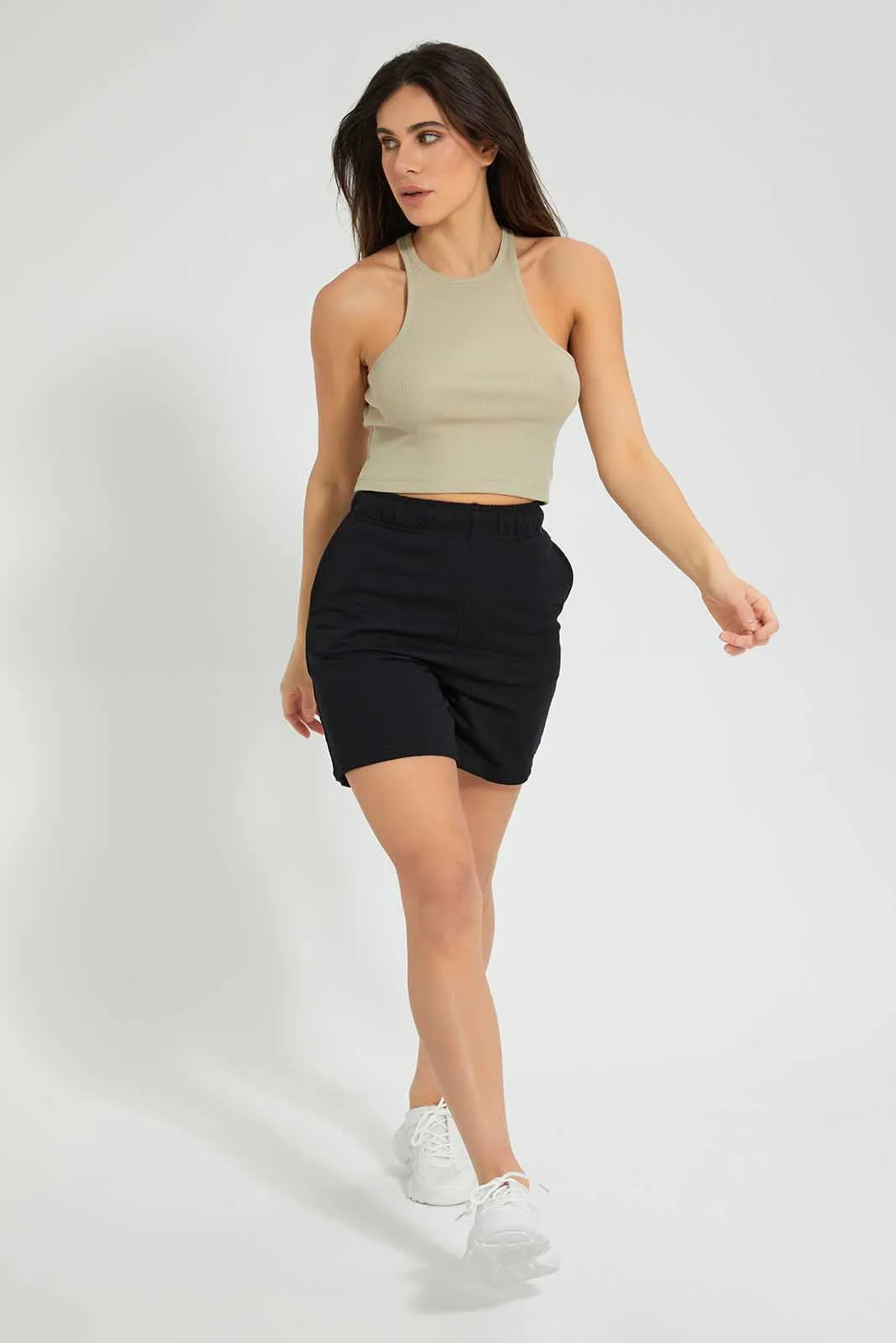 Beige Ribbed Crop Vest