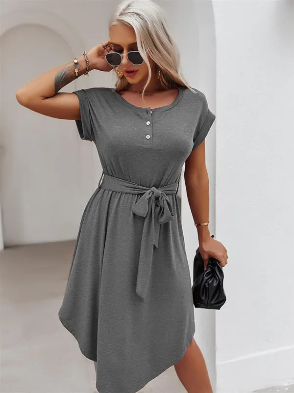 Belted Solid Tee Dress with Short Sleeves for Everyday Wear