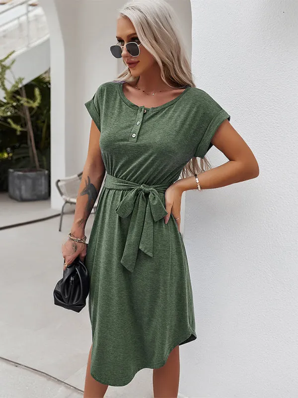 Belted Solid Tee Dress with Short Sleeves for Everyday Wear