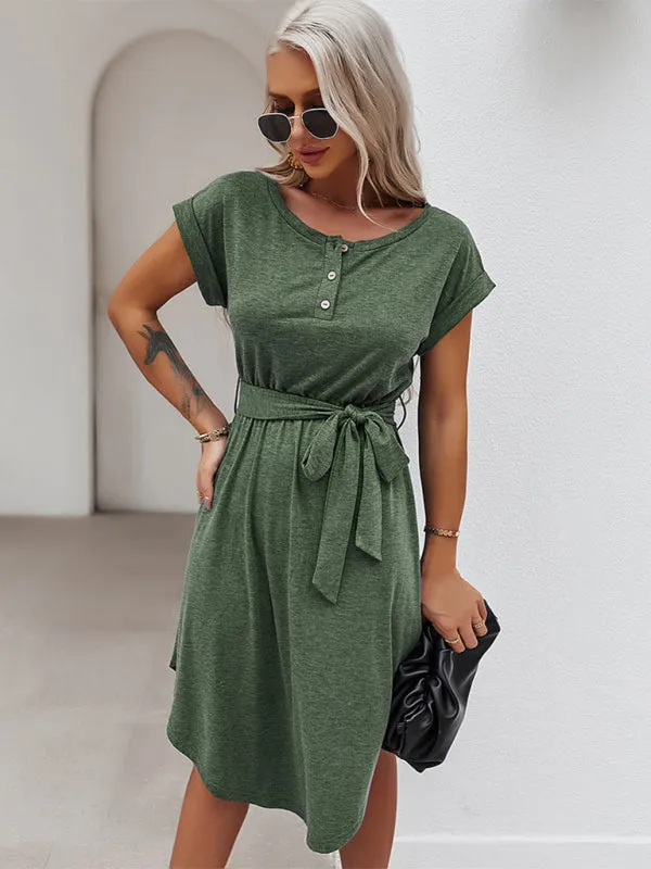 Belted Solid Tee Dress with Short Sleeves for Everyday Wear