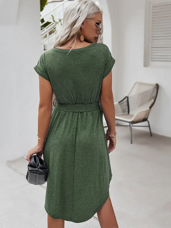 Belted Solid Tee Dress with Short Sleeves for Everyday Wear