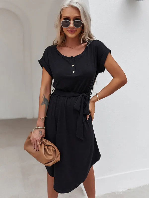 Belted Solid Tee Dress with Short Sleeves for Everyday Wear