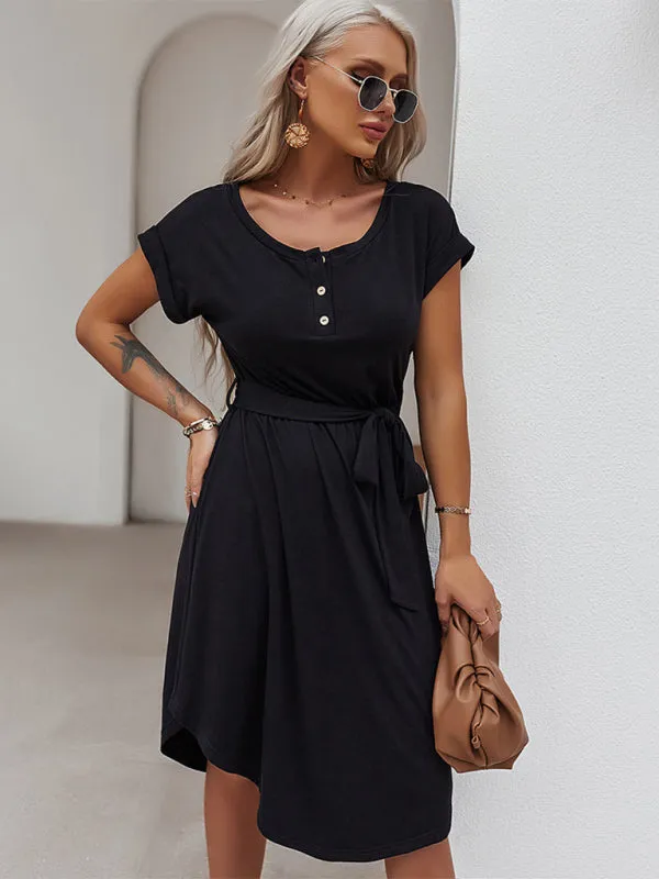 Belted Solid Tee Dress with Short Sleeves for Everyday Wear
