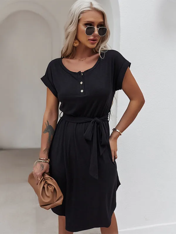 Belted Solid Tee Dress with Short Sleeves for Everyday Wear