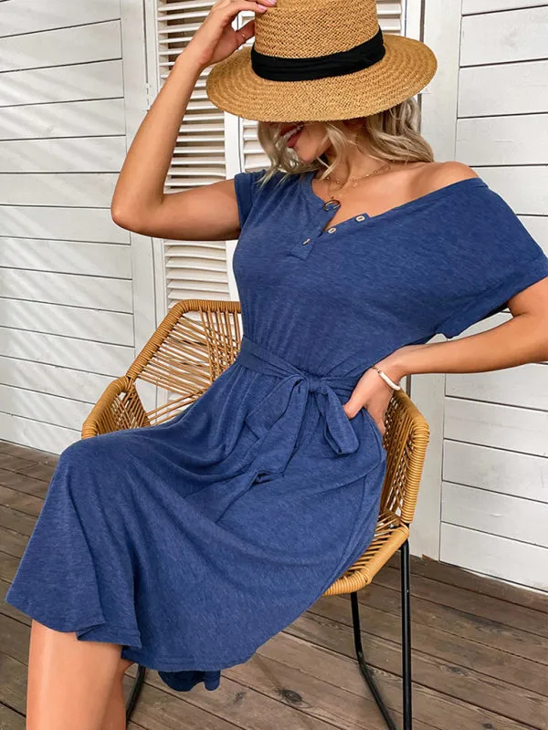 Belted Solid Tee Dress with Short Sleeves for Everyday Wear