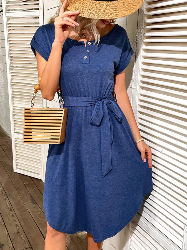 Belted Solid Tee Dress with Short Sleeves for Everyday Wear