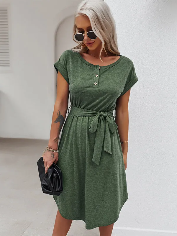 Belted Solid Tee Dress with Short Sleeves for Everyday Wear