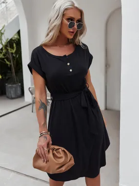 Belted Solid Tee Dress with Short Sleeves for Everyday Wear