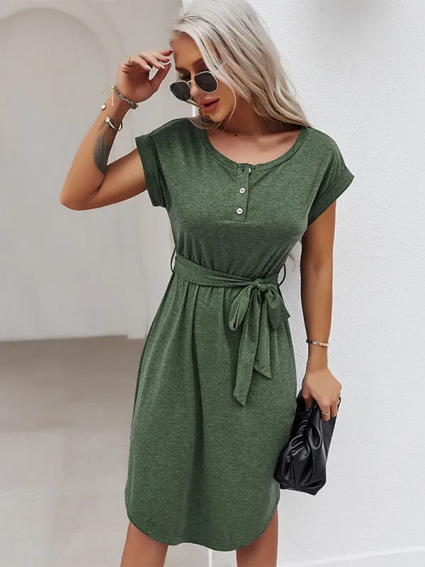 Belted Solid Tee Dress with Short Sleeves for Everyday Wear