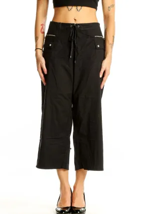 Black Cropped Wide-Leg Drawstring Pants
