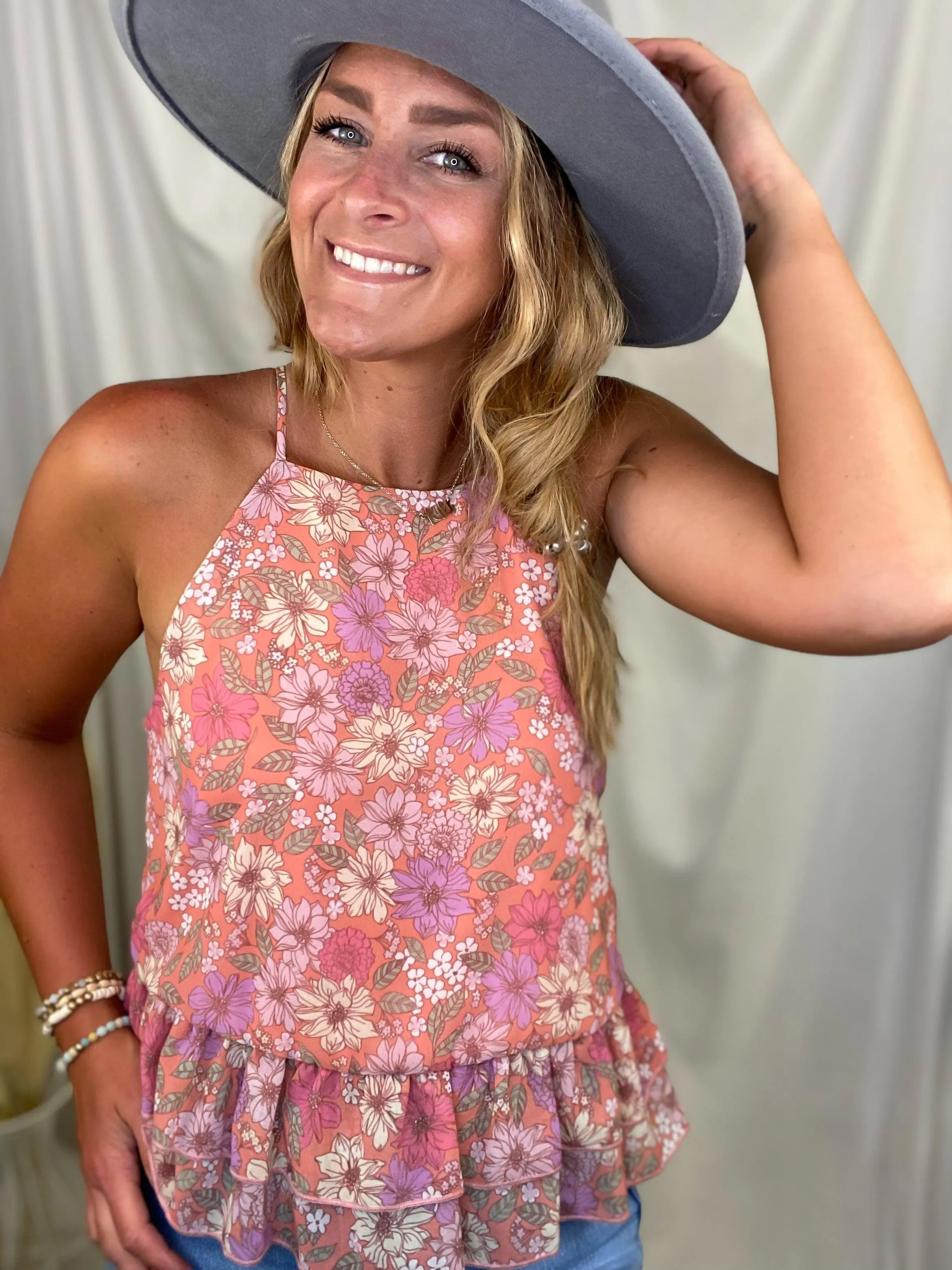 Bold Floral Double Tiered Peplum Top