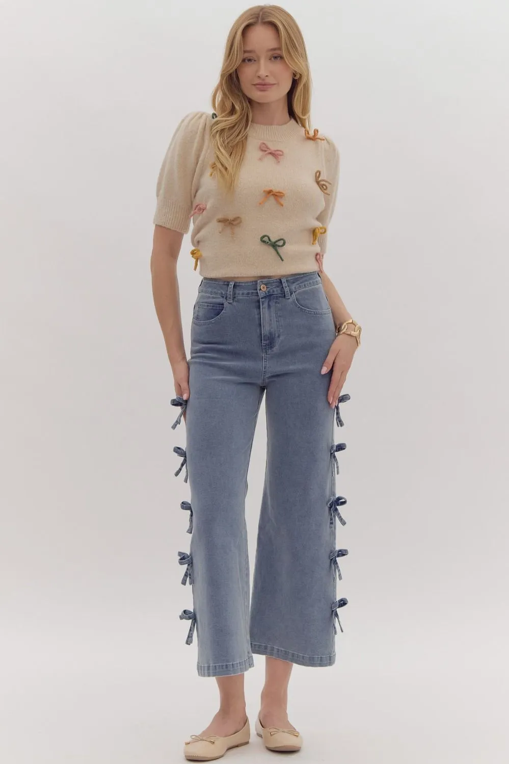 Bow Trimmed Blue Denim Pants