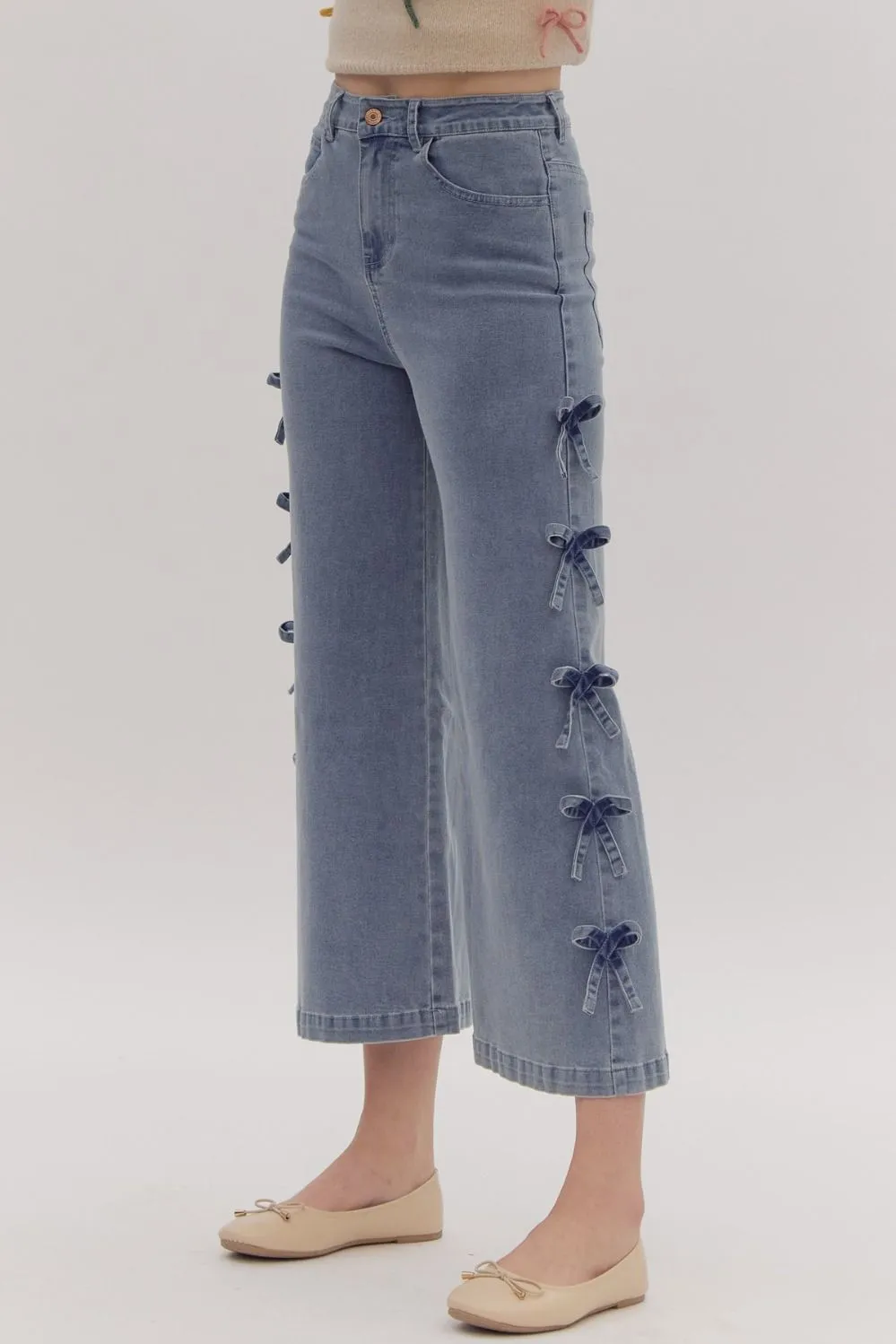 Bow Trimmed Blue Denim Pants