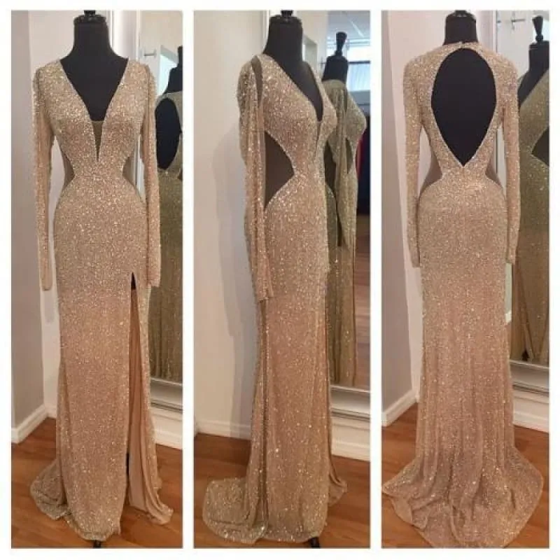 Bridelily 2020 Sequins Long Sleeves Sheath Prom Dresses