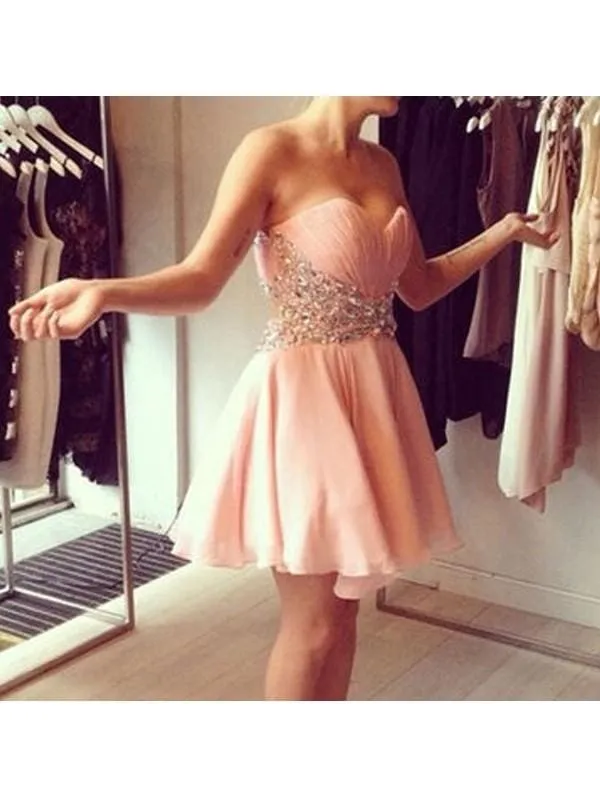 Bridelily A-Line Chiffon Sweetheart Sleeveless Short/Mini With Beading Prom Dresses
