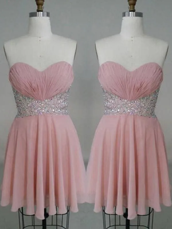 Bridelily A-Line Chiffon Sweetheart Sleeveless Short/Mini With Beading Prom Dresses