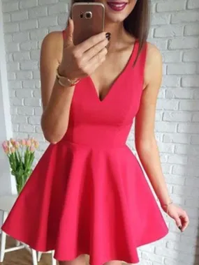Bridelily A-Line Satin V-neck Ruffles Sleeveless Short/Mini Dresses
