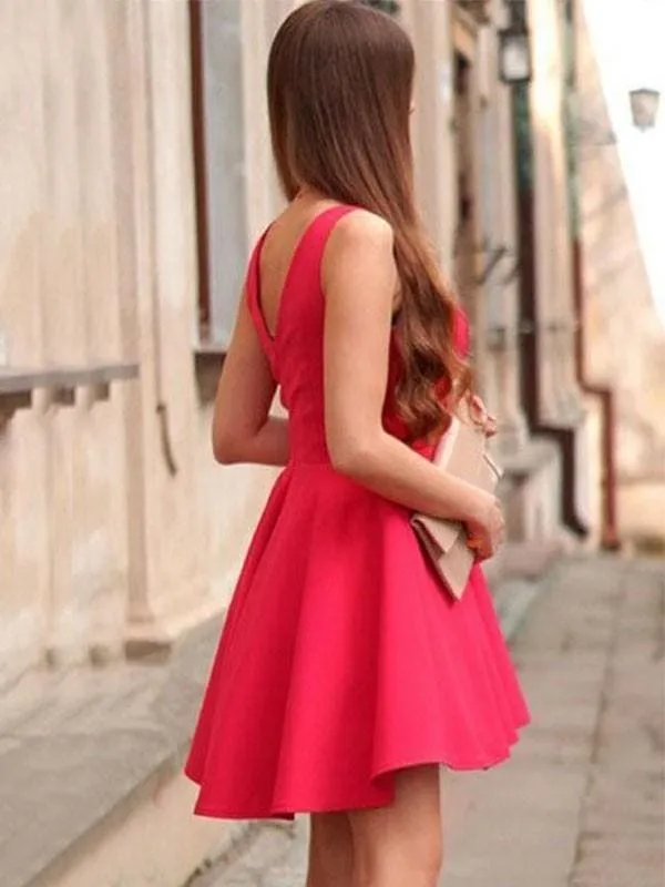 Bridelily A-Line Satin V-neck Ruffles Sleeveless Short/Mini Dresses