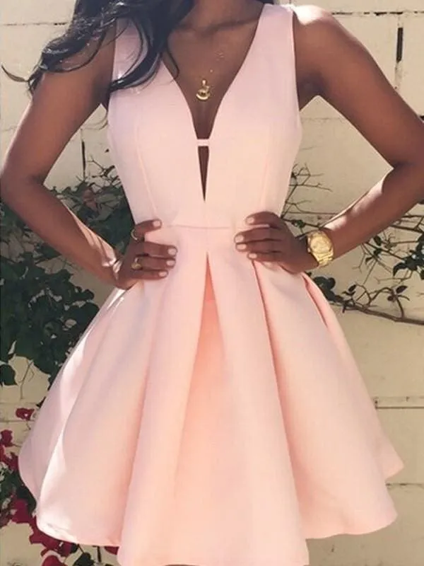 Bridelily A-Line Satin V-neck Sleeveless Short/Mini Ruffles Prom Dresses