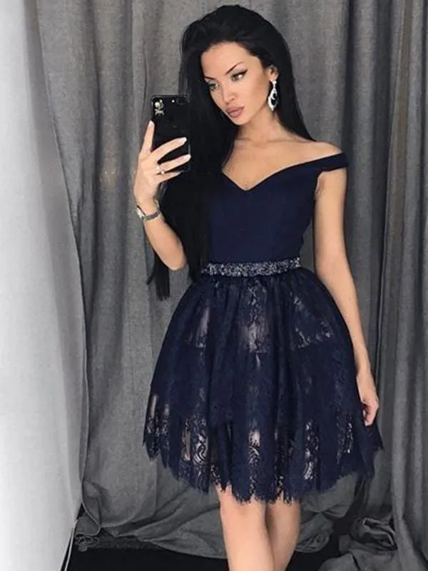Bridelily A-Line Sleeveless Satin Lace Off-the-Shoulder With Beading Short/Mini Dresses