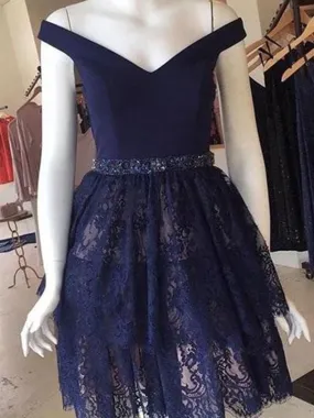Bridelily A-Line Sleeveless Satin Lace Off-the-Shoulder With Beading Short/Mini Dresses