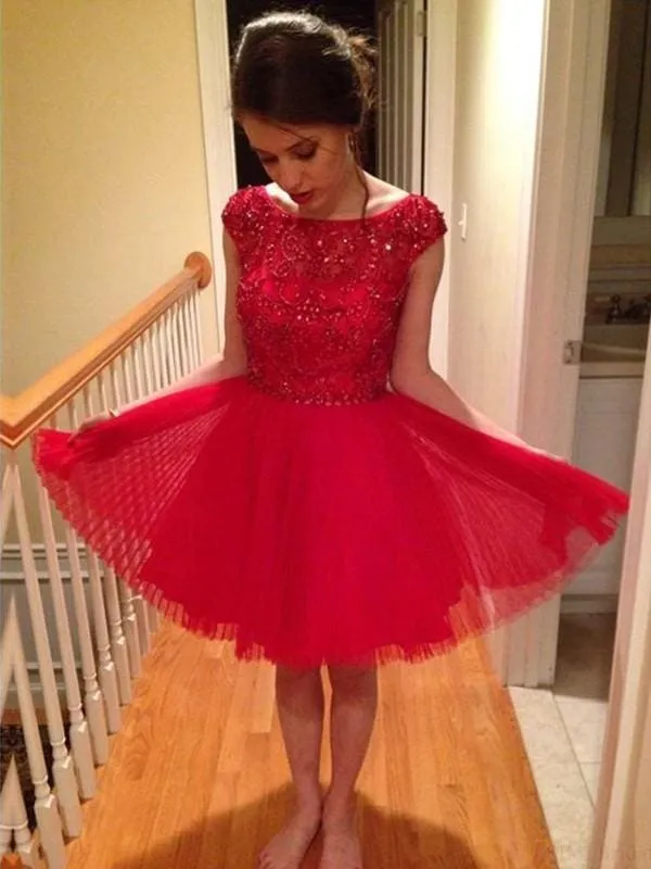 Bridelily A-Line Tulle Scoop Sleeveless With Beading Short Prom Dresses