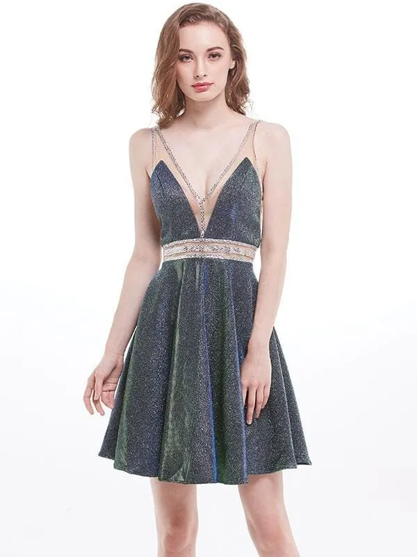 Bridelily A-Line V-neck Sequins With Beading Sleeveless Short/Mini Dresses